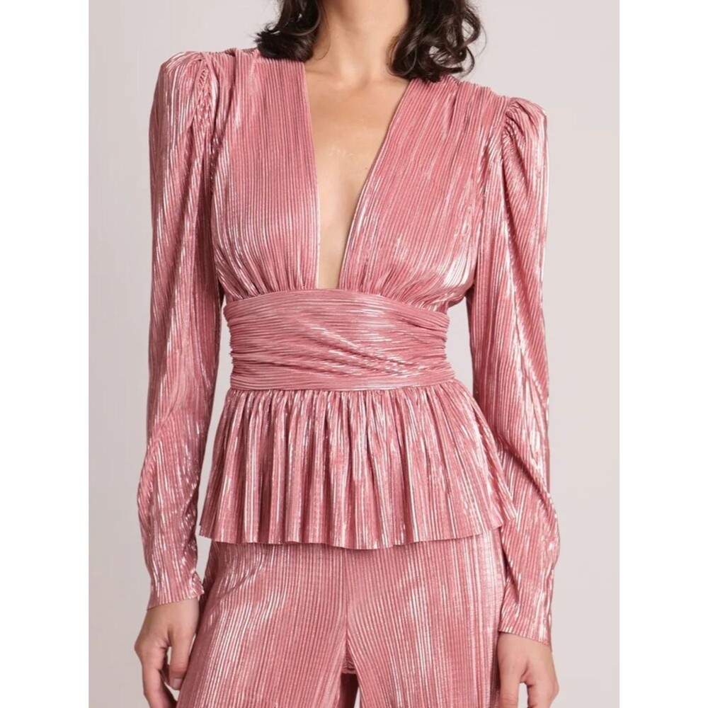 NWT Sabina Musayev United Top Pleated Deep V Blouse - Shimmer Pink Antique Rose